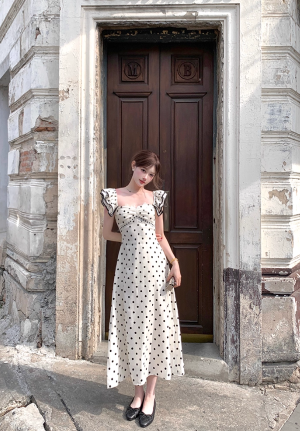 Long black and white polka dot waist suspender dress summer French retro temperament slim skirt R4739