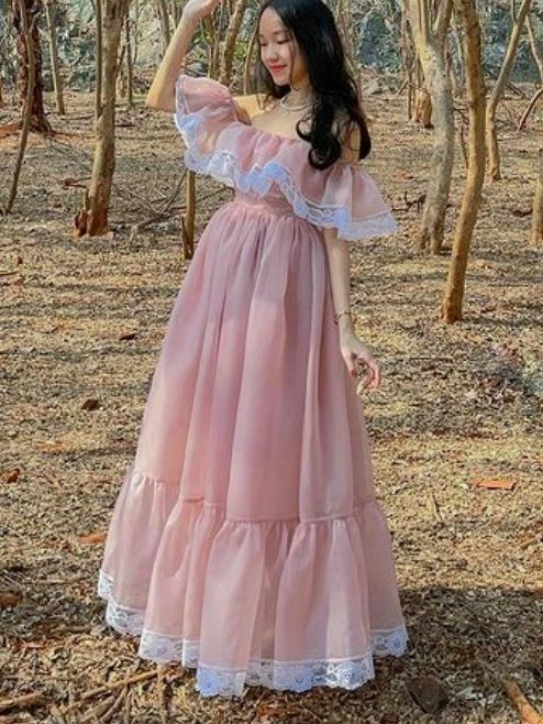 Hazy Lace Trim Women's Prom Gown Blush Pink Waist Fitted Maxi Evening Dress Birthday Dress — Fall Outfit 2026 New  RS3255