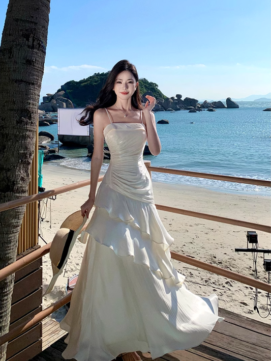 Fairy high-class temperament mermaid Ji streamer suspender skirt dress dress one shoulder dress R1715