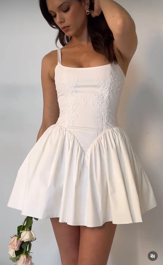 White suspender embroidery waist slim A-line short skirt homecoming dress R3858