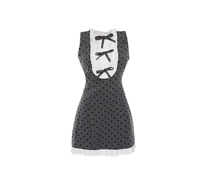 Gray polka dot stitching wood ear edge wrinkled dress 2025 new waist slimming bow short skirt R0129
