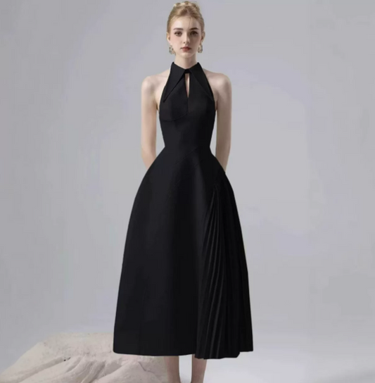 Minimalist Black A-Line High Collar Long Women Dress Prom Dress Evening Dress RS084