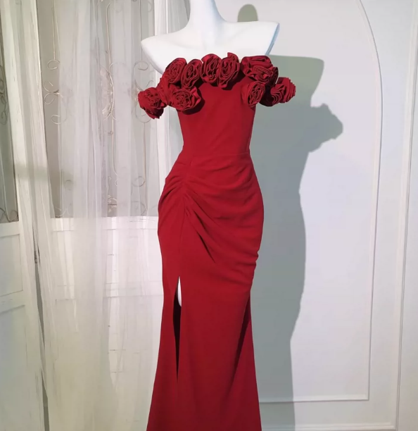 Elegant Red High-Slit Sheath Bateau Long Women Dress with Applique Prom Dress Evening Dress RS083