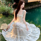 Fairy waist skirt travel photo shoot long skirt exposed waist suspender dress R1763