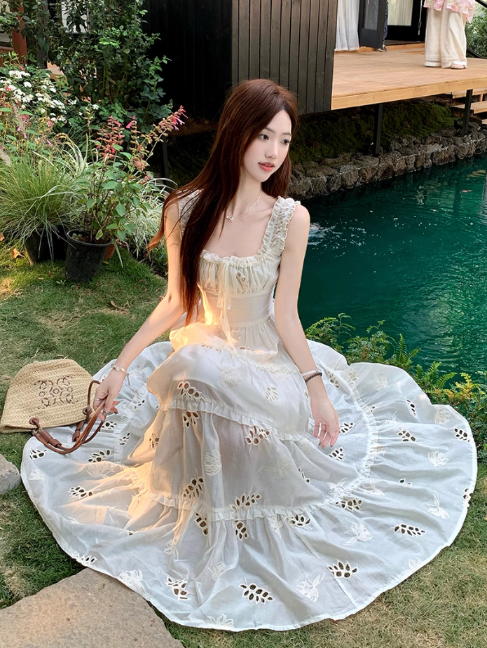 Fairy waist skirt travel photo shoot long skirt exposed waist suspender dress R1763