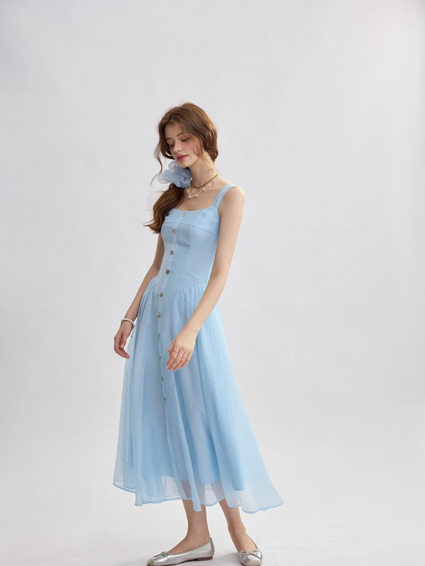 French suspender skirt blue dress sweet style long skirt R2693