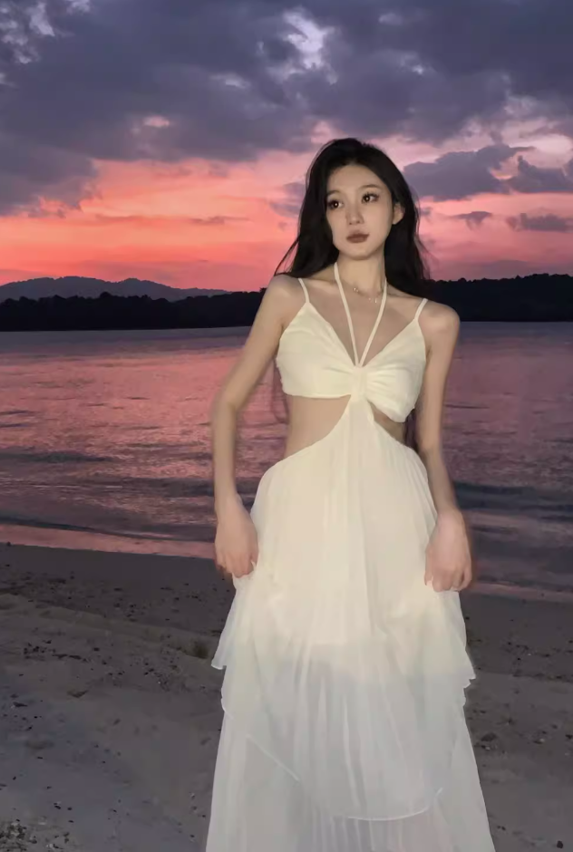 Travel photography clothes super fairy beach dress suspenders sexy backless dress R1575