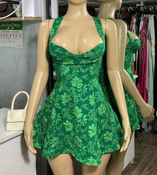 Green suspender low-cut A-line slim sexy homecoming dress R2473