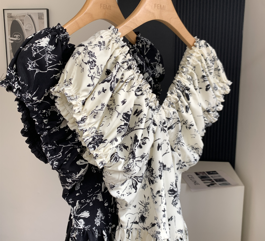 French floral V-neck short dress for women summer ruffled skirt R1991