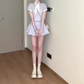 Gentle blue striped short-sleeved dress with elegant waist A-line short skirt R0818