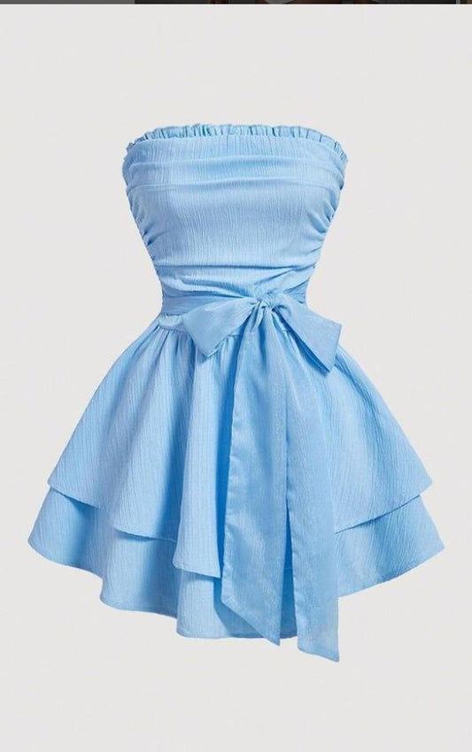 Cute Pale Blue Bow-knot Waist A-Line Strapless Bodycon Mini Dress Homecoming Dress RS175