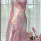Pink floral suspender waist slim hip dress, prom dress R5290