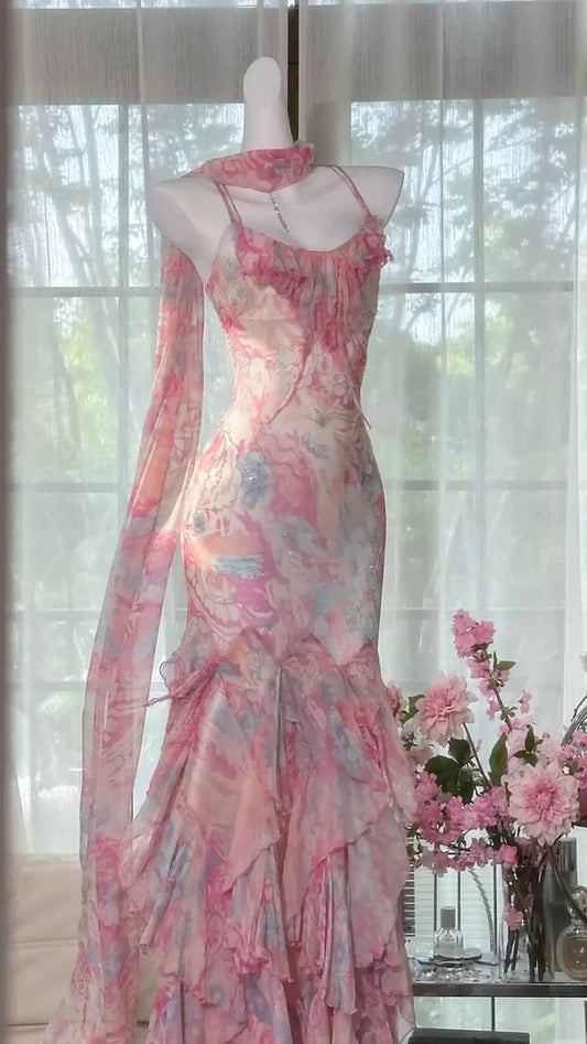 Pink floral suspender waist slim hip dress, prom dress R5290