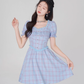 Plaid dress puff sleeves high waist short skirt new style high-end square neck A-line skirt R4496