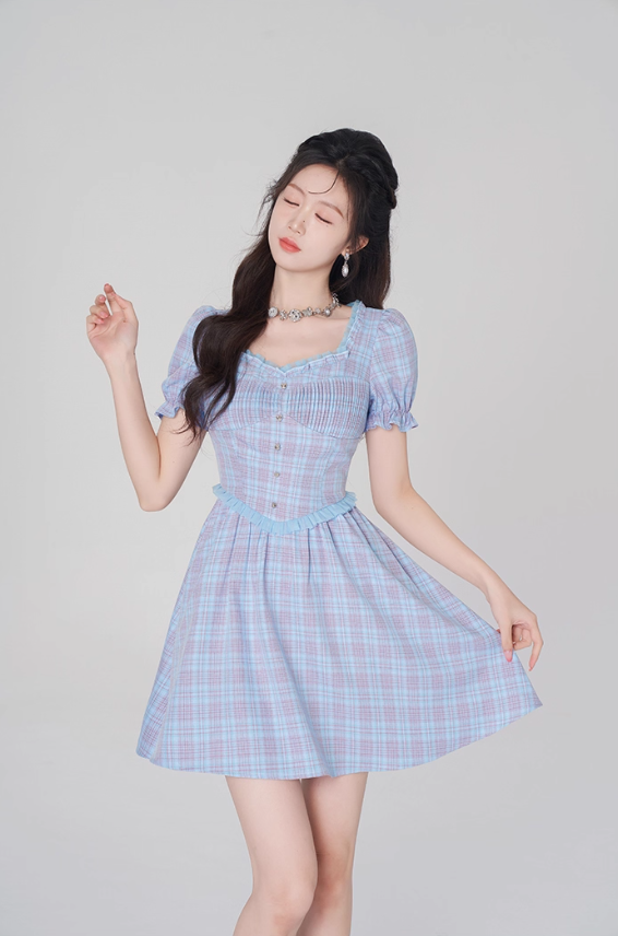 Plaid dress puff sleeves high waist short skirt new style high-end square neck A-line skirt R4496