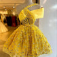 Yellow asymmetrical neckline floral waist slim short skirt homecoming dress R4120