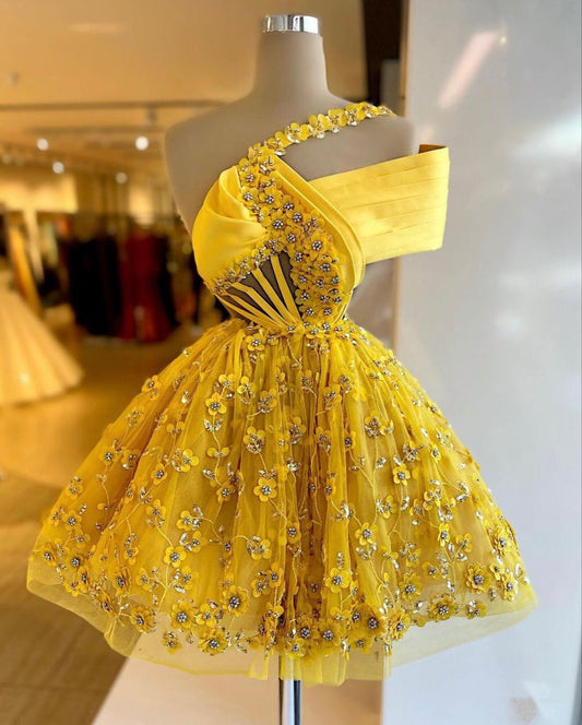 Yellow asymmetrical neckline floral waist slim short skirt homecoming dress R4120