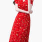 2025 Summer New Red Floral V-neck Wrap One-piece Tea Break Short Sleeve Dress R0948