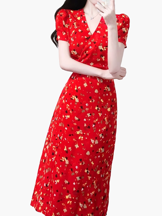 2025 Summer New Red Floral V-neck Wrap One-piece Tea Break Short Sleeve Dress R0948