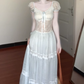 Gentle blue lace puff sleeve dress holiday temperament waist A-line long skirt R0862