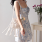 Retro blue and white porcelain print suspender skirt waist tie dress R2851