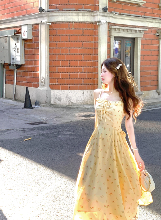French style yellow temperament suspender dress women's summer beautiful long dress R3828