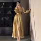 French Chic Golden High Waist A-Line V-neck Long Women Dress with High-Slit Prom Dress Evening Dress RS085