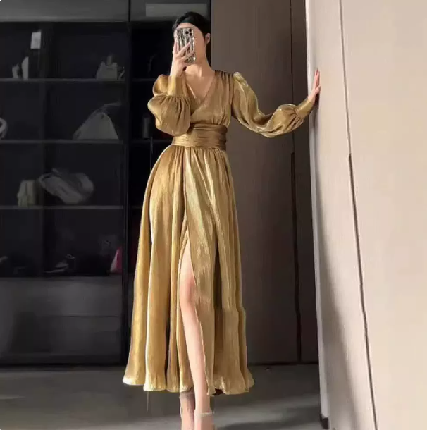 French Chic Golden High Waist A-Line V-neck Long Women Dress with High-Slit Prom Dress Evening Dress RS085