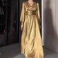 French Chic Golden High Waist A-Line V-neck Long Women Dress with High-Slit Prom Dress Evening Dress RS085