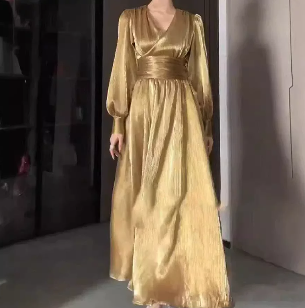 French Chic Golden High Waist A-Line V-neck Long Women Dress with High-Slit Prom Dress Evening Dress RS085