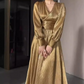 French Chic Golden High Waist A-Line V-neck Long Women Dress with High-Slit Prom Dress Evening Dress RS085