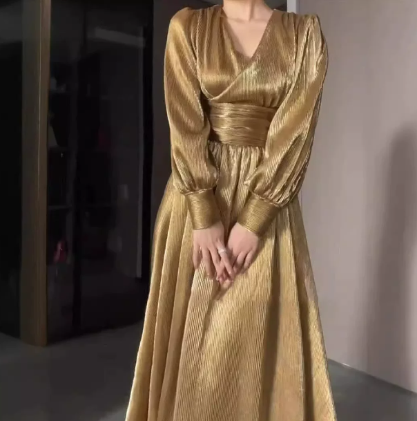 French Chic Golden High Waist A-Line V-neck Long Women Dress with High-Slit Prom Dress Evening Dress RS085