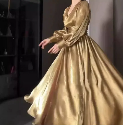 French Chic Golden High Waist A-Line V-neck Long Women Dress with High-Slit Prom Dress Evening Dress RS085