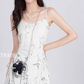 Printed satin dress 2025 suspenders slim waist pleated niche design long skirt R1499