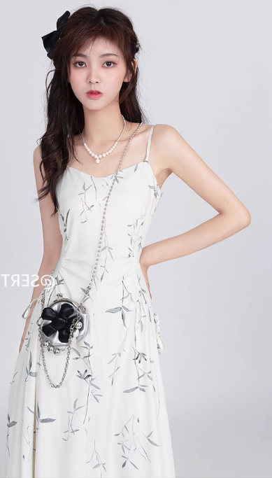 Printed satin dress 2025 suspenders slim waist pleated niche design long skirt R1499