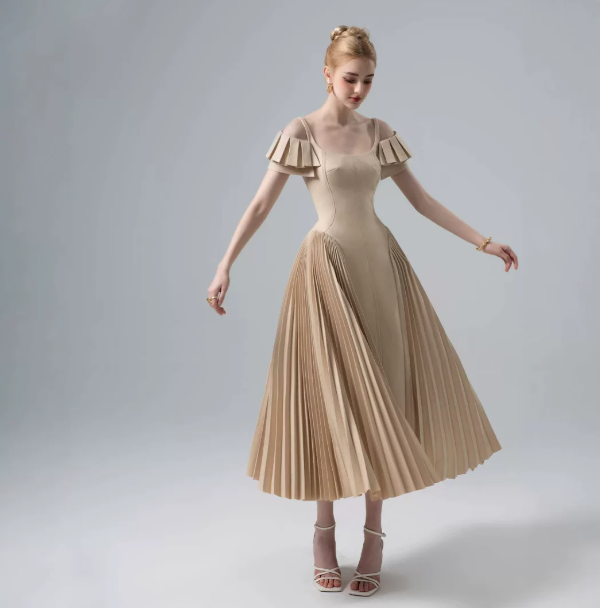 Minimalist Golden A-Line Square Long Women Dress with Shirred Prom Dress Evening Dress RS087