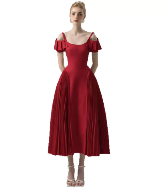 Minimalist Golden A-Line Square Long Women Dress with Shirred Prom Dress Evening Dress RS087