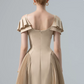 Minimalist Golden A-Line Square Long Women Dress with Shirred Prom Dress Evening Dress RS087