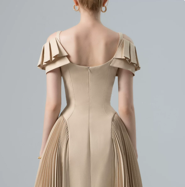 Minimalist Golden A-Line Square Long Women Dress with Shirred Prom Dress Evening Dress RS087