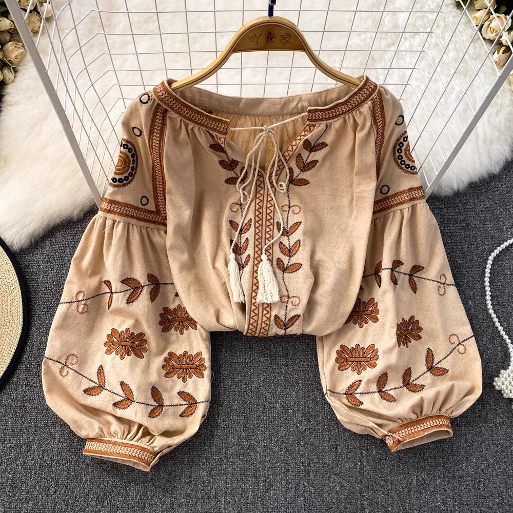 long-sleeved round neck embroidered shirt for women casual tops     S3952