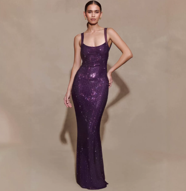 Elegant Purple Sheath Open Back Spaghrtti Straps Long Women Dress with Paillette Prom Dress Evening Dress RS088