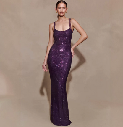 Elegant Purple Sheath Open Back Spaghrtti Straps Long Women Dress with Paillette Prom Dress Evening Dress RS088