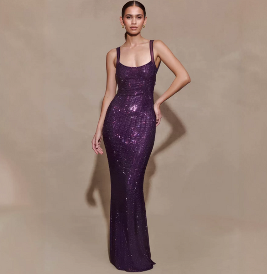Elegant Purple Sheath Open Back Spaghrtti Straps Long Women Dress with Paillette Prom Dress Evening Dress RS088