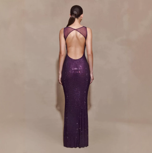 Elegant Purple Sheath Open Back Spaghrtti Straps Long Women Dress with Paillette Prom Dress Evening Dress RS088