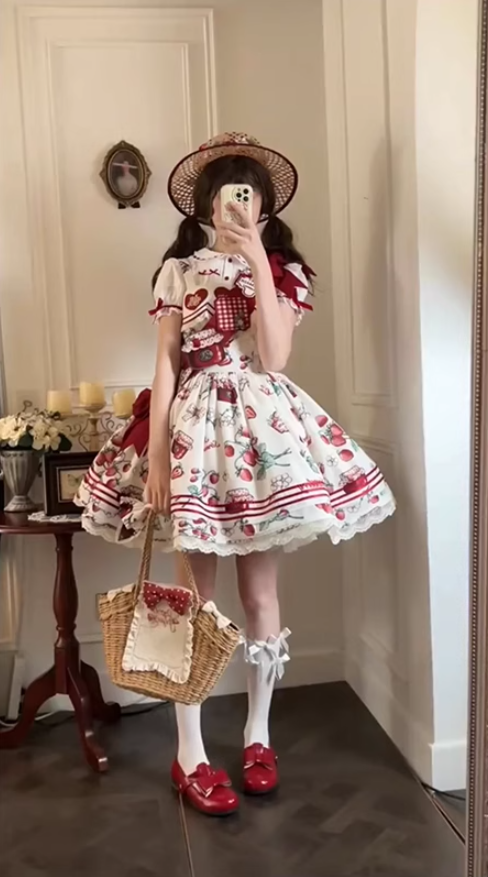 Strawberry Heart Lolita Short Sleeve Dress Cute Lolita Princess Dress Cake Tutu Skirt R1691