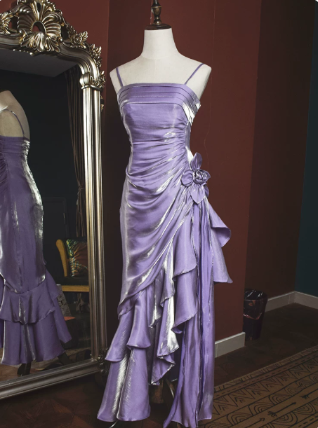 Elegant Lavender Sheath Spaghetti Straps Midi Women Dress with Draped Prom Dress Evening Dress RS089