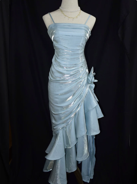 Elegant Lavender Sheath Spaghetti Straps Midi Women Dress with Draped Prom Dress Evening Dress RS089