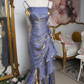 Elegant Lavender Sheath Spaghetti Straps Midi Women Dress with Draped Prom Dress Evening Dress RS089