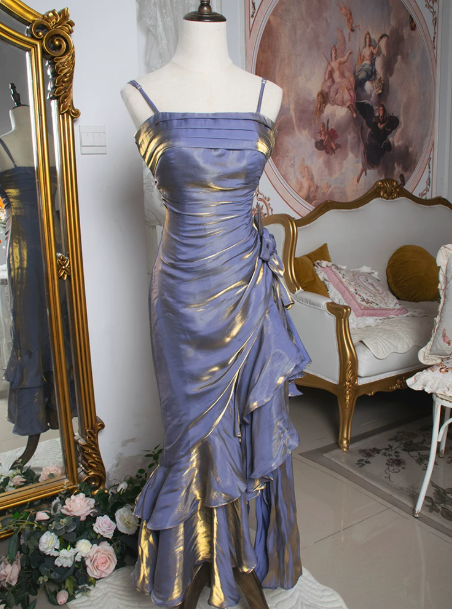 Elegant Lavender Sheath Spaghetti Straps Midi Women Dress with Draped Prom Dress Evening Dress RS089