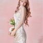 Ruffle hem hollow pleated waist retro polka dot suspender dress R5252